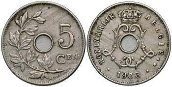 Бельгия 5 сантимов 1906 Belgie, Леопольд II (1865-1909), с крестом KM 55 медно-никель 4548-1253
