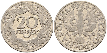 Польша 20 грошей 1923 KM 12 никель 4141-335