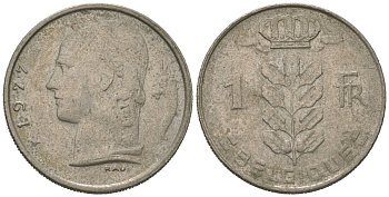 Бельгия 1 франк 1977 Belgique, Бодуэн I (1951-1993) KM 142 медно-никель 4621-364