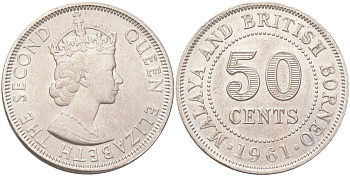 Малайя и Британское Борнео 50 центов 1961 KM 4 медно-никель aUNC 4620-1053