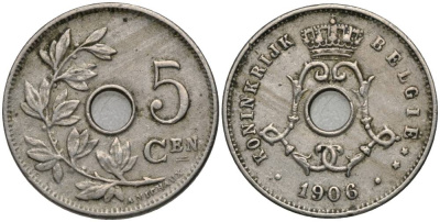 Бельгия 5 сантимов 1906 Belgie, Леопольд II (1865-1909), с крестом KM 55 медно-никель 4548-1253