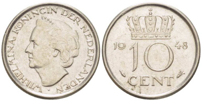 Нидерланды 10 центов 1948 Вильгельмина (1895-1948) KM 177 никель 3309-349