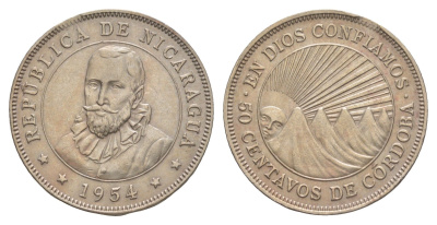 Никарагуа 50 сентаво 1954 KM 19.1 медно-никель aUNC 1528-1334