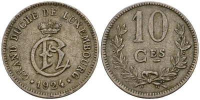 Люксембург 10 сантимов 1924 Шарлотта (1918-1964) KM 34 медно-никель 4575-1253