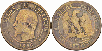 ФРАНЦИЯ 10 САНТИМОВ 1856 A, НАПОЛЕОН III (1852-1870) KM 771.1, LE FRANC 133.32 бронза 38-1214
