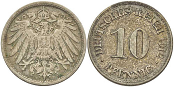 ГЕРМАНИЯ 10 ПФЕННИГОВ 1912 D KM 12, J. 13, Weege 8 медно-никель 212-224