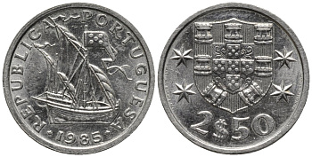 Португалия 2,5 эскудо 1985 парусник KM 590 медно-никель 54-759