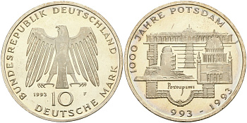 ФРГ 10 марок 1993 F, 1000 лет городу Потсдаму KM 180 серебро UNC 11-183-33