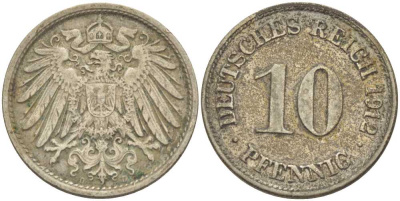 ГЕРМАНИЯ 10 ПФЕННИГОВ 1912 D KM 12, J. 13, Weege 8 медно-никель 212-224