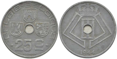 БЕЛЬГИЯ 25 САНТИМОВ 1944 BELGIE-BELGIQUE, ГЕРМАНСКАЯ ОККУПАЦИЯ, ВТОРАЯ МИРОВАЯ ВОЙНА, ЛЕОПОЛЬД III (1934-1950) KM 132 цинк 119-351