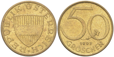 Австрия 50 грошей 1992 KM 2885 алюминиевая бронза 4613-1168