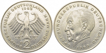 ФРГ 2 МАРКИ 1985 D, КОНРАД АДЕНАУЭР KM 124, J. 406 медно-никель плакированный никелем 3856-256