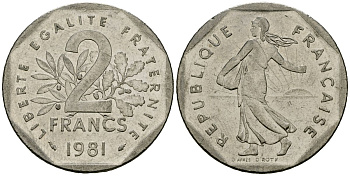 Франция 2 франка 1981 сеятель KM 942.1 никель 4120-422