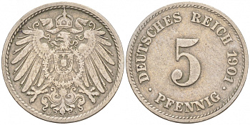 ГЕРМАНИЯ 5 ПФЕННИГОВ 1901 J, KM 11, J. 12 медно-никель 73-667
