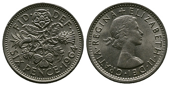 Великобритания 6 пенсов 1964 Елизавета II (1952-2022) KM 903, Spink 4149 медно-никель 4381-825
