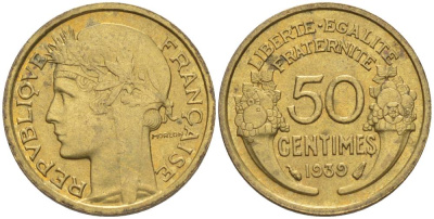 ФРАНЦИЯ 50 САНТИМОВ 1939 ТИП MORLON KM 894.1, LE FRANC 192.15 алюминиевая бронза 44-816