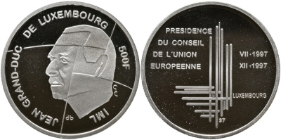 Люксембург 500 франков 1997 ПРЕДСЕДАТЕЛЬСТВО В СОВЕТЕ ЕВРОПЫ KM 72 серебро PROOF 05-095-42