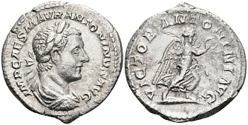 Римская Империя денарий 218 Элагабал VICTOR ANTONINI AVG Виктория Рим Good Very fine RIC 156 серебро 00-00-00