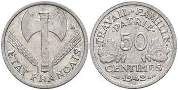ФРАНЦИЯ 50 САНТИМОВ 1942 ТИП FRANCISQUE, LOURDE, ПРАВИТЕЛЬСТВО ВИШИ KM 914.1, LE FRANC 195.2 алюминий 44-341