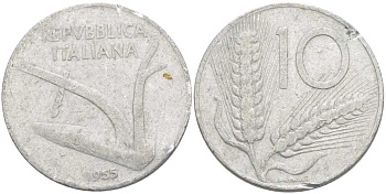 ИТАЛИЯ 10 ЛИР 1955 R, ПЛУГ, КОЛОСЬЯ KM 93 алюминий 175-353