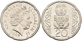 Новая Зеландия 20 центов 2008 Елизавета II (1952-2022), идол Пукаки KM 118а никелированная сталь 4579-1154
