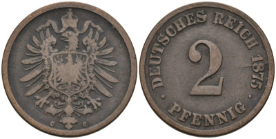 Германия 2 пфеннига 1875 C, старогербовка KM 2, J. 2 медь 4575-636