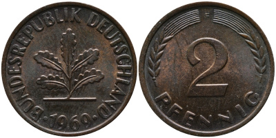 ФРГ 2 пфеннига 1969 F KM 106а, J.381а сталь плакированная медью 99-158