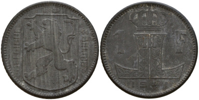 Бельгия 1 франк 1941 Belgique - Belgie, Леопольд III (1934-1947), германская оккупация, Вторая мировая война KM 127 цинк 4161-421