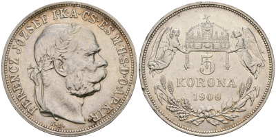 Венгрия 5 корон 1909 Франц Иосиф I (1848-1916) KM 488 серебро 413-6022