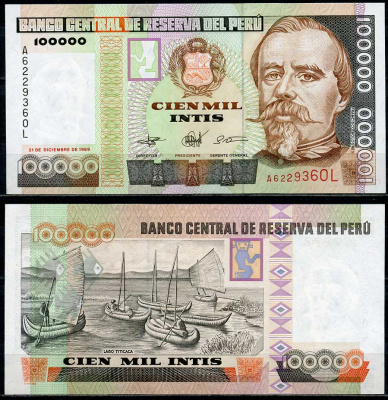 Перу 100000 инти 1989 Франсиско Болоньези, озеро Титикака Pick 145  бумага  UNC (пресс) 7202-5-3