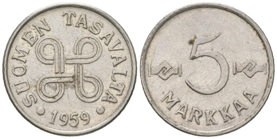 Финляндия 5 марок 1959 KM 37a железо плакированная никелем 218-1134