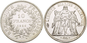 ФРАНЦИЯ 10 ФРАНКОВ 1966 ГЕРКУЛЕС KM 632 серебро 4527-1221