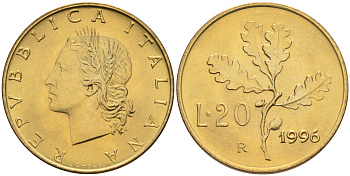Италия 20 лир 1996 R, дубовый лист KM 97.2 алюминиевая бронза  UNC  4594-1041