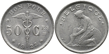 БЕЛЬГИЯ 50 САНТИМОВ 1923 BELGIQUE KM 87 никель 4385-637