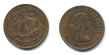 Великобритания 1/2 пенни 1966 Елизавета II (1952-2022) KM 896, Spink 4158 бронза 23-411
