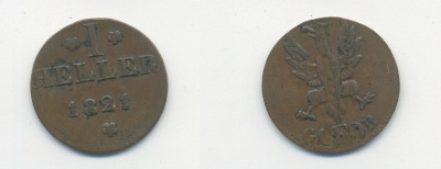 Франкфурт 1 геллер 1821 GB AKS 30, Jaeger 10, KM 301 медь 46-366