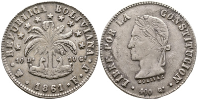 Боливия 8 солей 1861 FJ KM 138.6 серебро 00-00