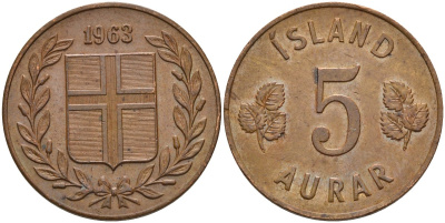 Исландия 5 эре 1963 KM 9 бронза 4148-246