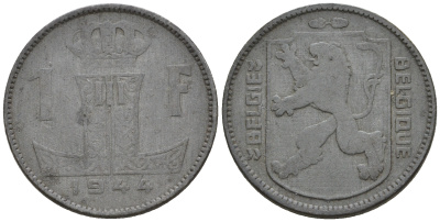 Бельгия 1 франк 1944 Belgie - Belgique, немецкая оккупация KM 128 цинк 259-1034