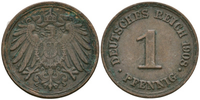 Германия 1 пфенниг 1908 D, Вильгельм II (1888-1918) KM 10, J. 10 медь 4608-151