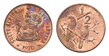 ЮАР 1/2 цента 1970 два капских воробья на ветке KM 81 бронза UNC 100-824