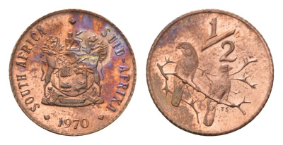 ЮАР 1/2 цента 1970 два капских воробья на ветке KM 81 бронза UNC 100-824