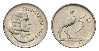 ЮАР 5 центов 1969 Ян ван Рибек (1619-1677), Suid Africa, легенда на африкаанс, райский журавль KM 67.2 медно-никель 4694-429