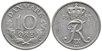 ДАНИЯ 10 ЭРЕ 1963 C; S, ФРЕДЕРИК IX (1947-1972) KM 849.1 медно-никель 26-868