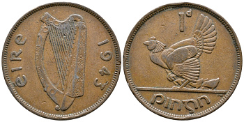 ИРЛАНДИЯ 1 ПЕННИ 1943 КУРИЦА С ЦЫПЛЯТАМИ KM 11 бронза 4110-331