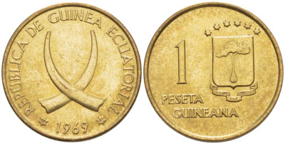 Экваториальная Гвинея 1 песета 1969 республика, диаметр 19,5 мм. KM 1 алюминиевая бронза UNC 4398-1036