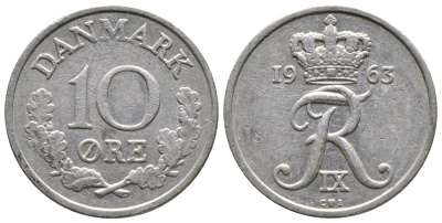 ДАНИЯ 10 ЭРЕ 1963 C; S, ФРЕДЕРИК IX (1947-1972) KM 849.1 медно-никель 26-868
