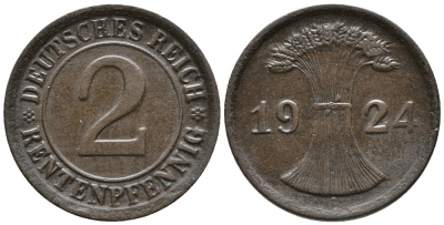 ГЕРМАНИЯ 2 РЕНТЕНПФЕННИГА 1924 A KM 31, J. 307 бронза 24-526