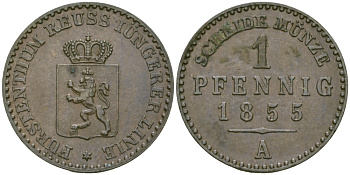 РЕЙС-ШЛАЙЦ 1 ПФЕННИГ 1855 А KM 69 медь 99-934