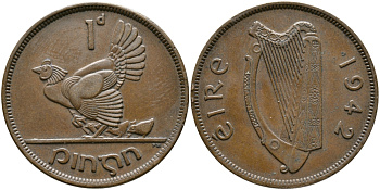ИРЛАНДИЯ 1 ПЕННИ 1942 КУРИЦА С ЦЫПЛЯТАМИ KM 11 бронза 32-134